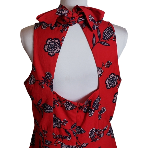 Eliza J Red Floral Print Mini Dress Size 14 Mock Neck Open Back Bow Feminine - Picture 7 of 15